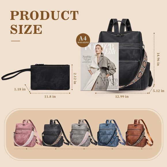 3169 Backpack Purse , PU Leather Backpack Purse, Waterproof Anti-Theft Back